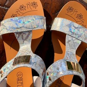 NIB Leather Holographic Metallic Sandals